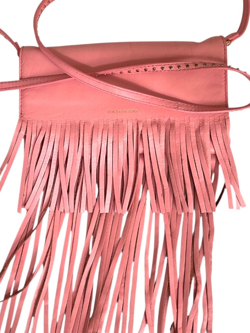 Juicy Couture Purse, Fringe Pink Leather, Crossbody Bag, Stud Strap
